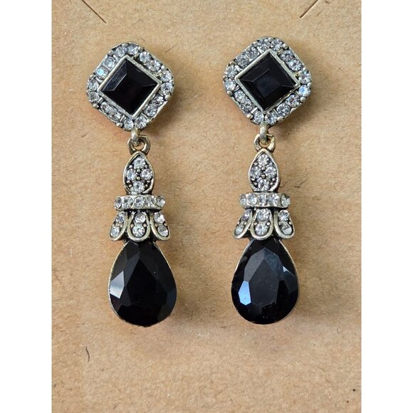 Jewelry - Vintage Black & Crystal Rhinestone Drop Earrings Teardrop Dangle
